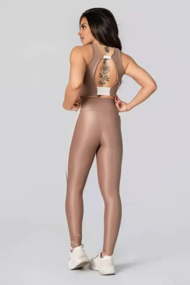 Legging Fang + Top Bicolor Compressão Champagne e Off-White Serela - Coleção Corpo Livre - Sculpt