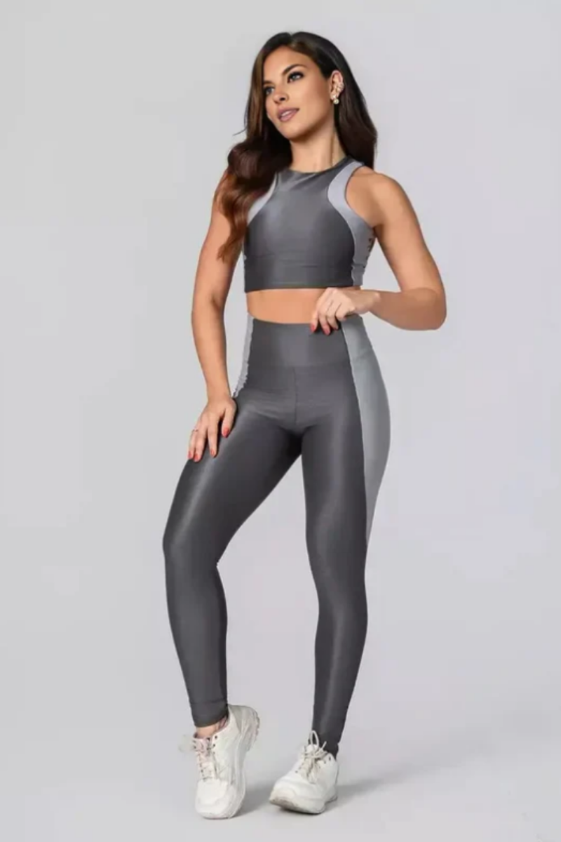 Legging Fang + Top Bicolor Compressão Grafite e Silver Candy  Serela - Coleção Corpo Livre - Sculpt