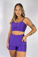 Short Cross Bolso + Top Compressão Roxo Serela - Coleção Corpo Livre - Harmonie