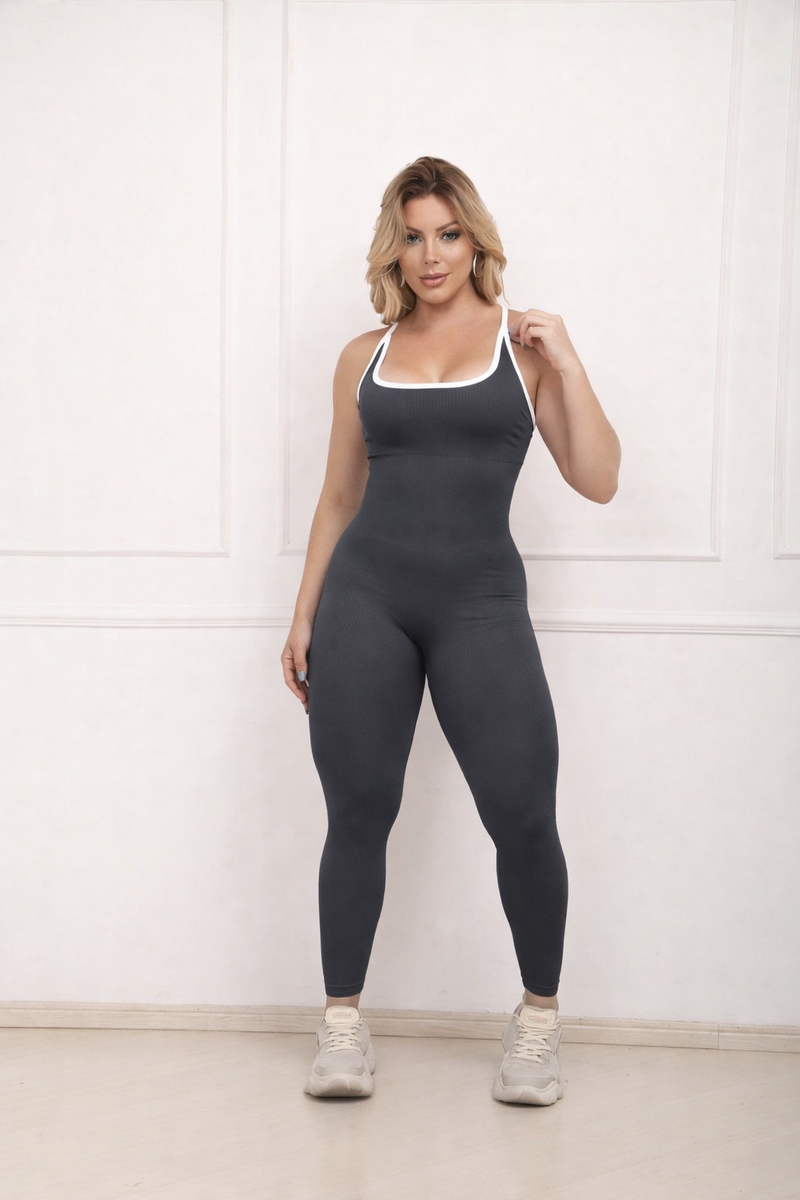 Macacão Fitness Serela Cinza - Coleção Corpo Livre - Rouge Mouvement