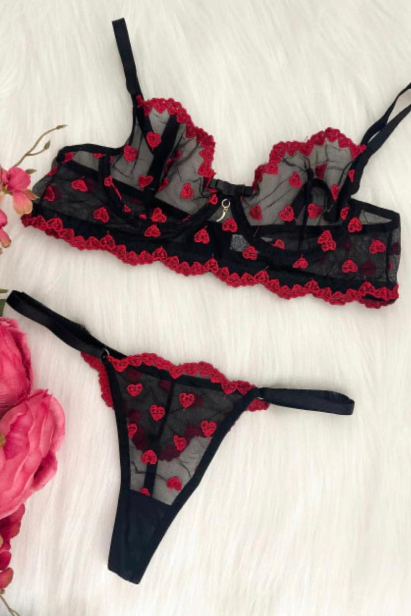 Conjunto Coleção Serela - Coração Que Ama - em Tule Sem Bojo Preto C/ Vermelho