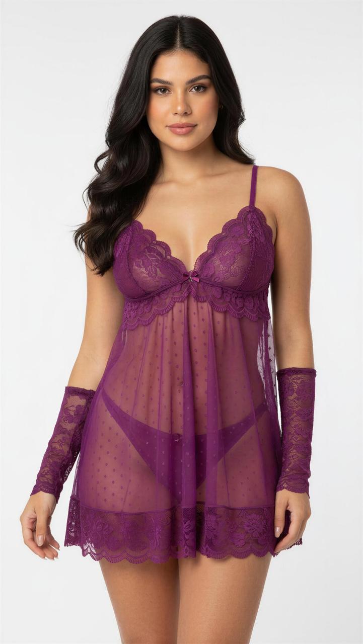 Camisola em Renda e Tule de Corações Fucsia - Serela