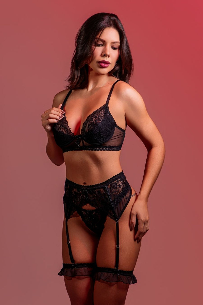Conjunto Sem Bojo e Cinta Liga Preto Serela Coleção - Sem Pudor - Élégance Parisienne